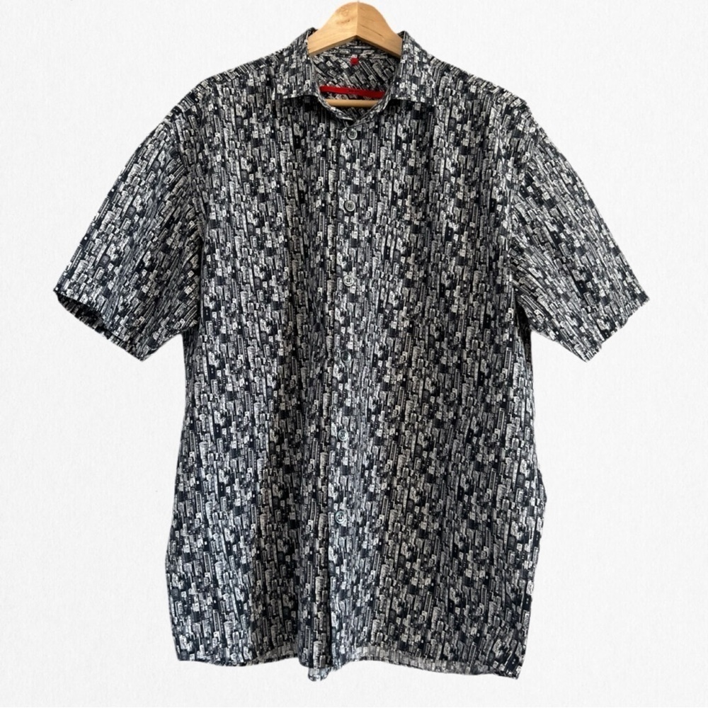 Signum Men’s Shades of Grey Urban Graphics Cotton Short Sleeve Collared Shirt